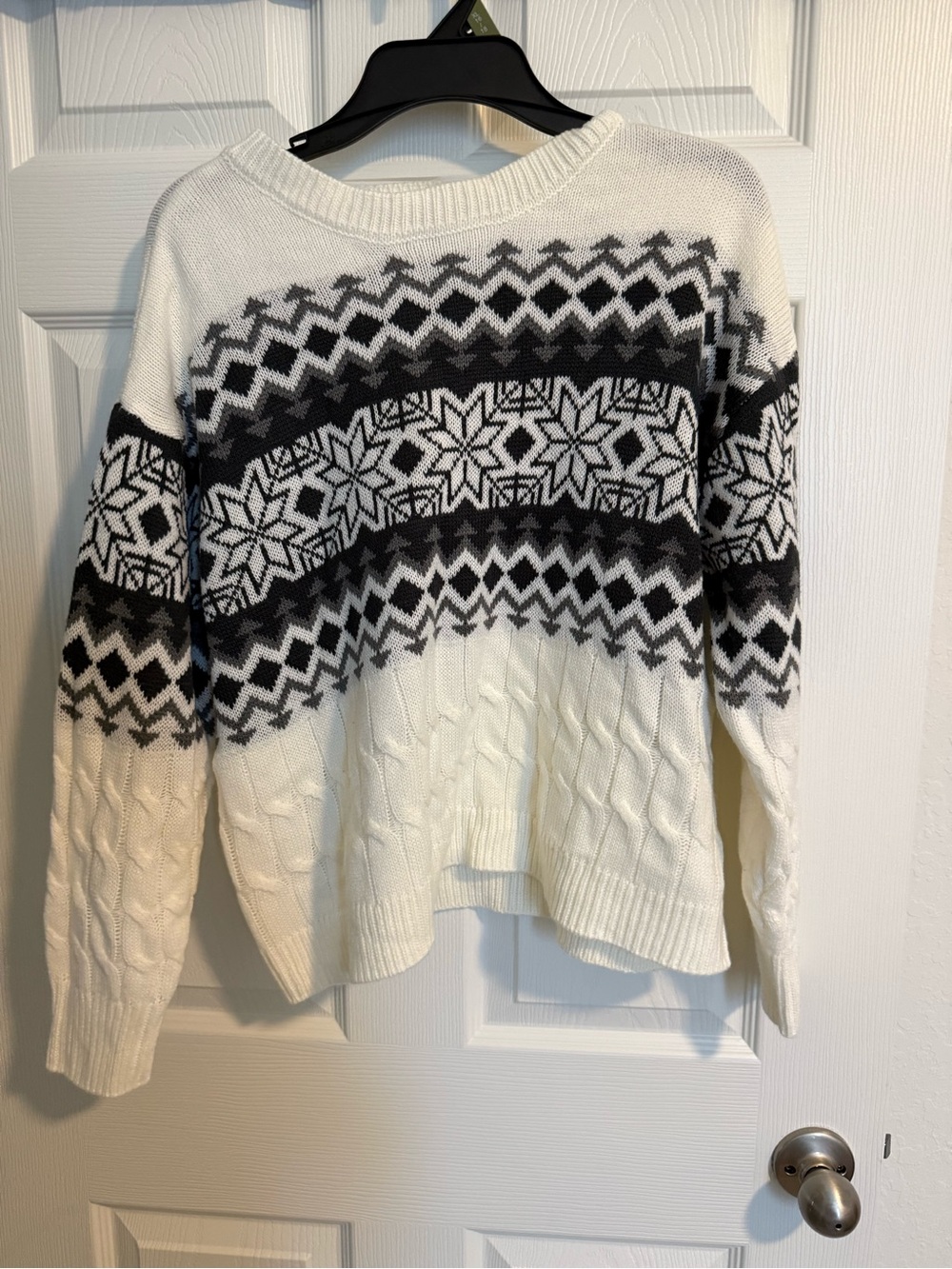 Lane Bryant White and Black Fair Isle Cable Knit Sweater